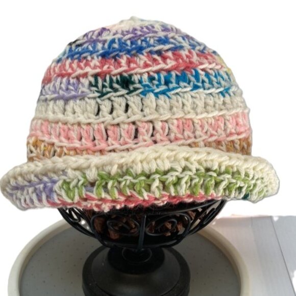 BUCKET Beanie HAT Multicolored Rainbow Handmade Crochet UNISEX 1 Size Fits Most - Picture 1 of 14